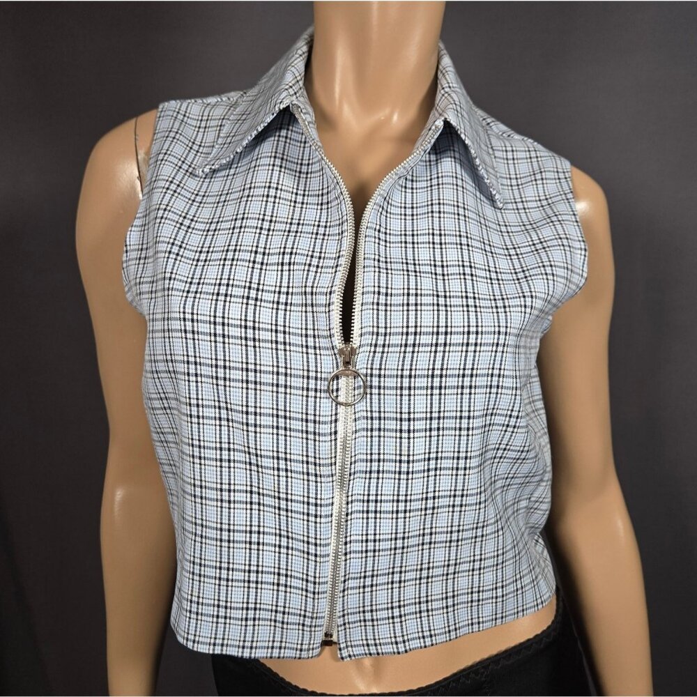 Vintage 90s Light Blue Plaid Zip Up Vest Sleeveless Top Size M Cropped Academia